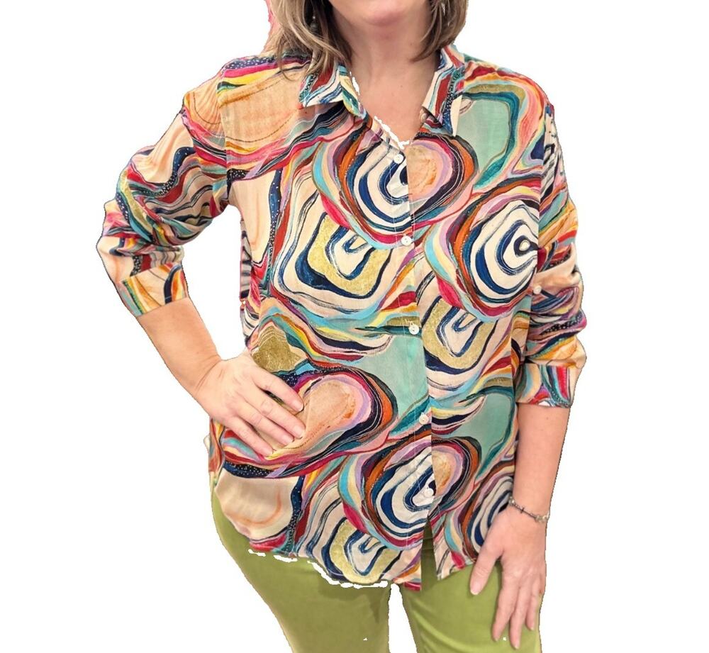 WOMENS APNY COLORFUL BUTTON UP BLOUSE WITH ROLL UP SLEEVES SIZE SMALL